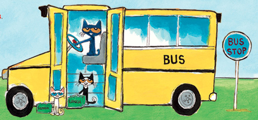Pete the Cat is driving a school bus.