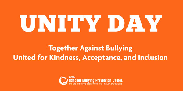 Unity Day, Together Against Bullying, United for Kindness, Acceptance, and Inclusion, orange field with white letters 